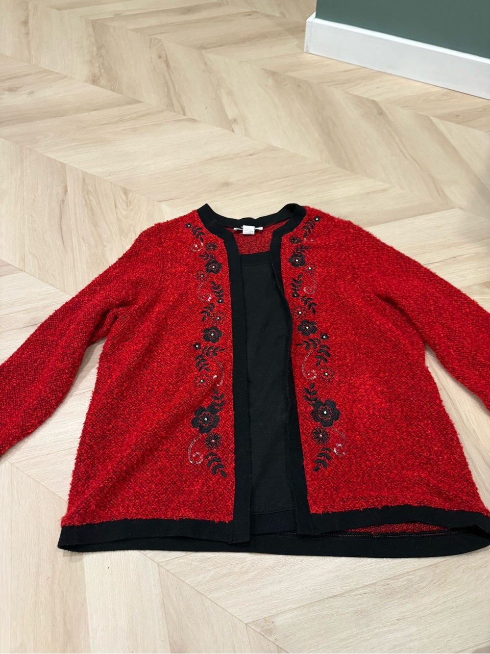Cathy Daniels Red Textured Cardigan with Black Trim and black shirt attached